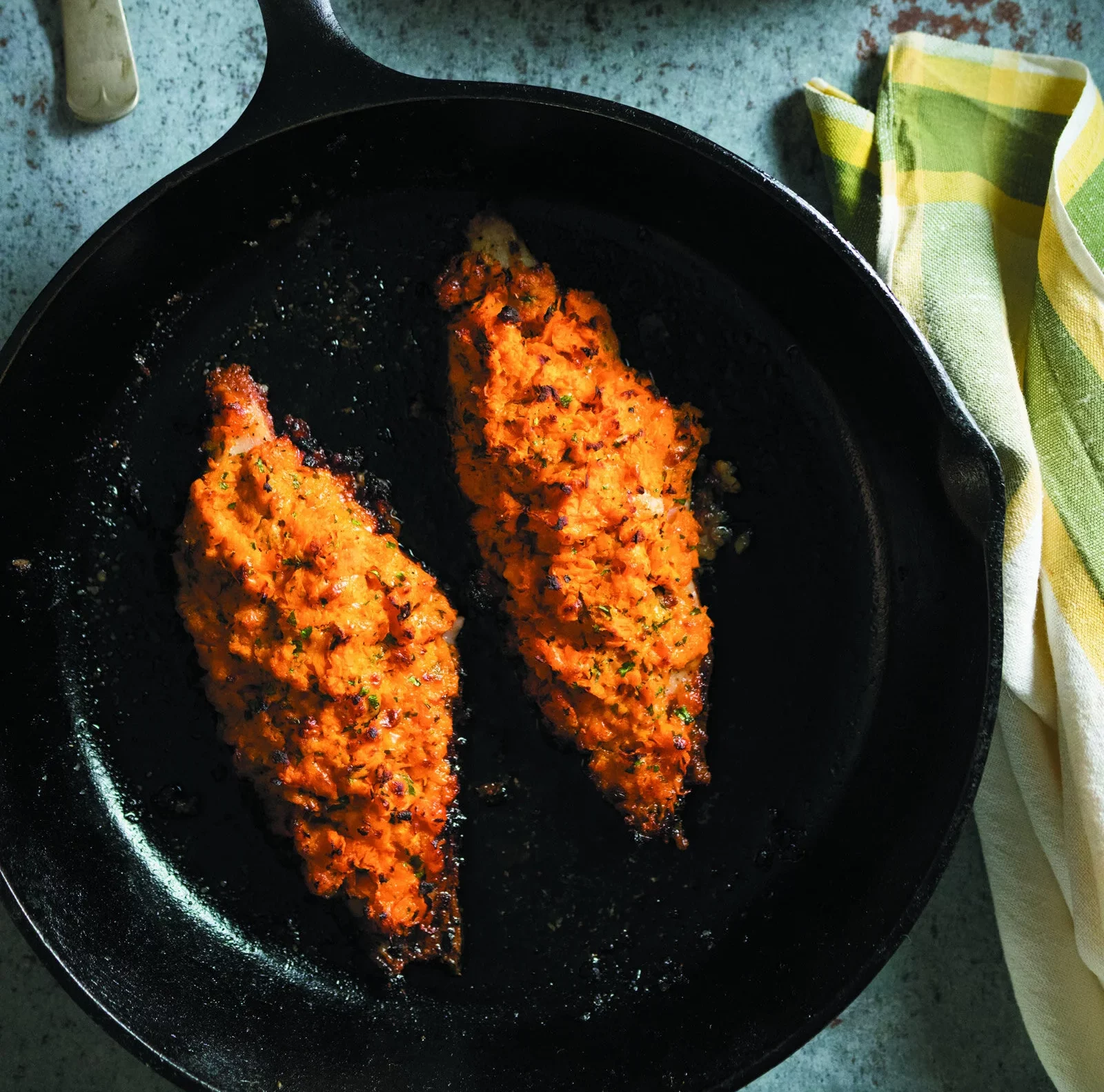 Sweet Potato Crusted Catfish with Braised Bacon Mustard Greens – TCI