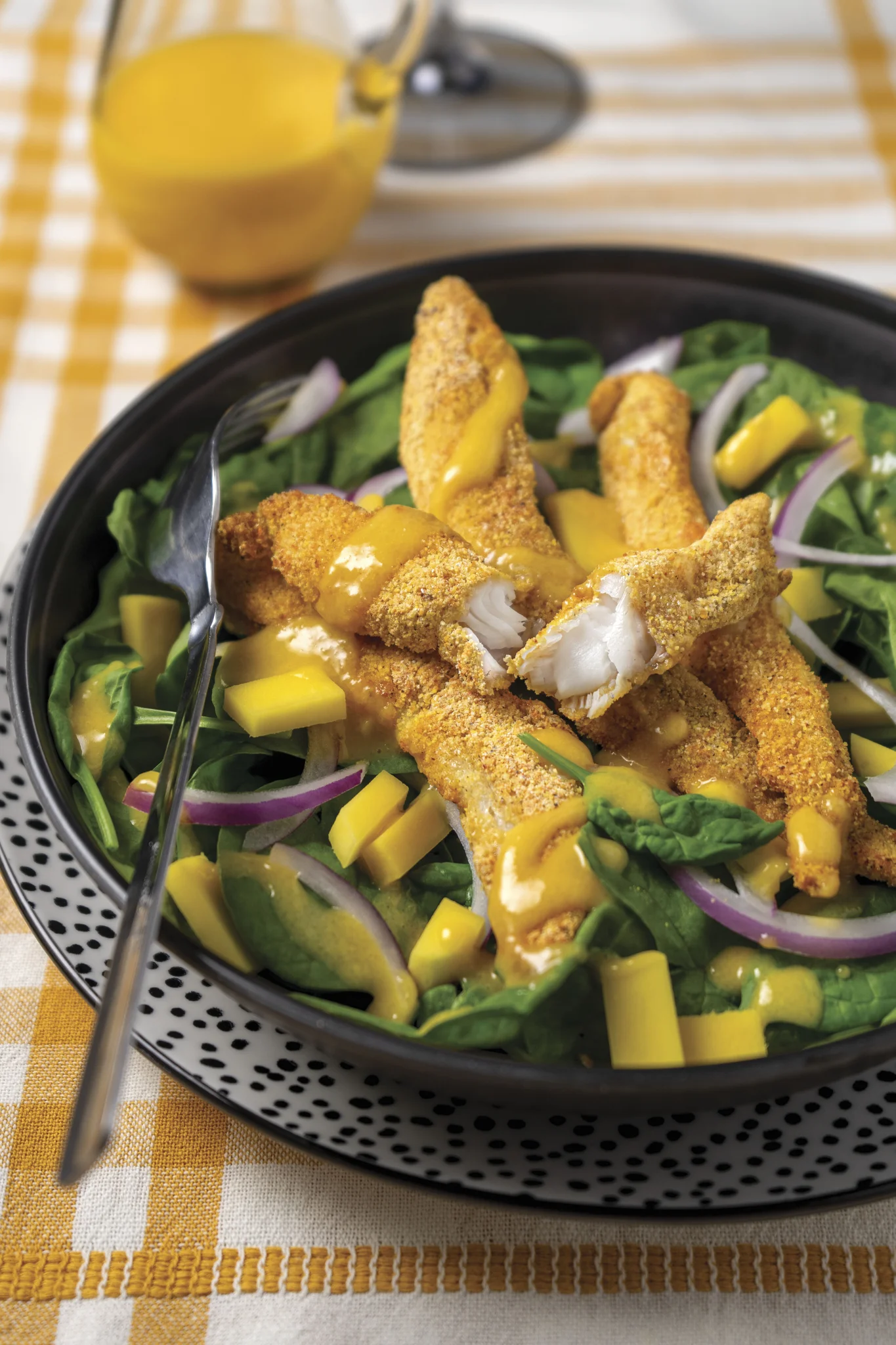 Spinach & Mango Salad with AirFried Catfish Strips TCI